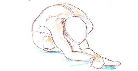 Skiss av en person som sitter framåtlutad med armarna sträckta mot golvet.