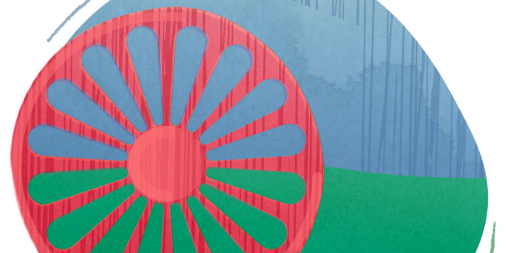 Illustration av romska flaggan med röd hjul på blå och grön bakgrund.