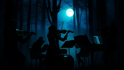 En orkester spelar i en mörk skog med fullmåne i bakgrunden, silhuetter mot blått ljus.