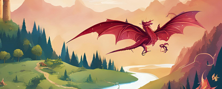 En sagolik landskap med slott, flygande drakar, flod, berg och en öppen bok med penna i förgrunden.