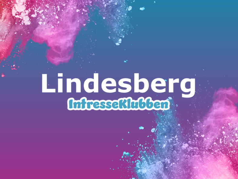 Texten 'Lindesberg IntresseKlubben' på färgglad bakgrund med blå, rosa och lila färgpulver.