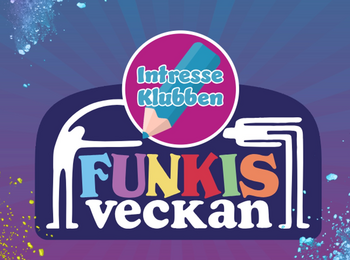 Färgglad grafisk bild med texten 'Intresseklubben Funkisveckan' och siluetter av personer och rullator.