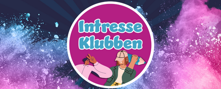 Logotyp med texten 'Intresse Klubben' och två tecknade personer mot en färgglad bakgrund av blått och rosa pulver.