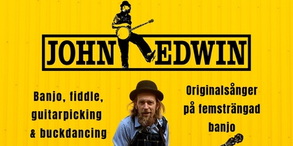 Affisch med musiker som håller en banjo, text om bluegrass och countrymusik, gul bakgrund.