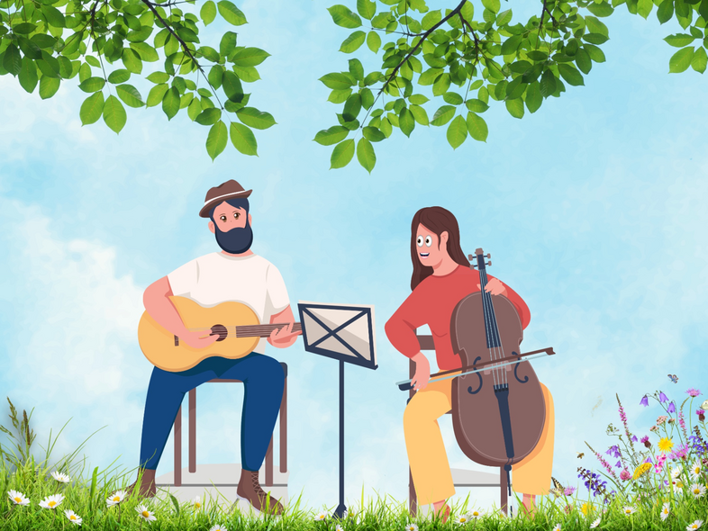 Två personer spelar gitarr och cello utomhus under gröna trädgrenar, omgivna av blommor och gräs.