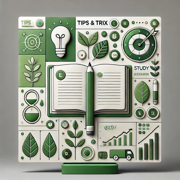 Illustration av studietips med öppet block, penna, lampor, blad och diagram i grönt och vitt.