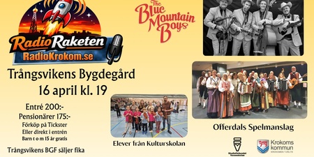 Affisch för musikevenemang i Trångsvikens Bygdegård 16 april med band, spelmanslag och elever.