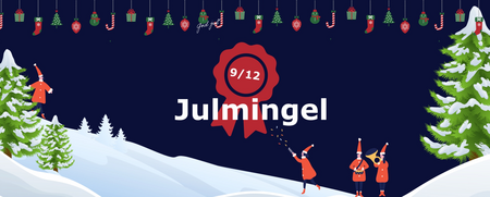Illustration av vinterlandskap med snögubbar, granar och juldekorationer. Text: 'Julmingel 9/12'.