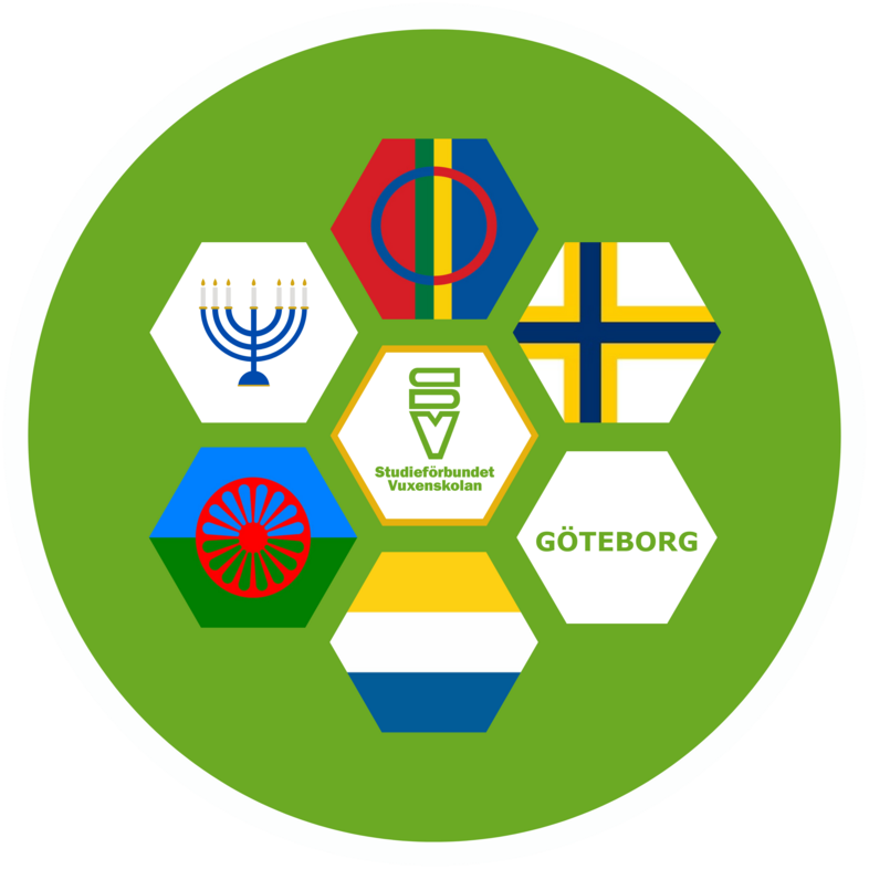 Sexkantiga symboler med olika flaggor och symboler på grön cirkel, inklusive Göteborg och Västra Götaland.