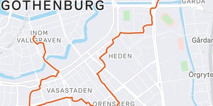 Karta över centrala Göteborg med en markerad rutt genom stadsdelarna Gårda, Heden, Lorensberg, Vasastaden och Inom Vallgraven.