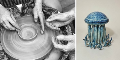 Tvådelad bild: till vänster händer som formar lera på drejskiva, till höger blå keramikskulptur som liknar en manet.