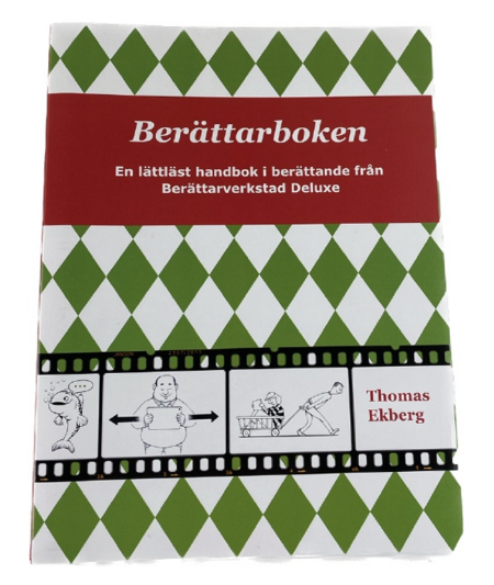 Omslag till boken 'Berättarboken' med grönt och vitt rutmönster, röd titelruta och tecknade bilder.