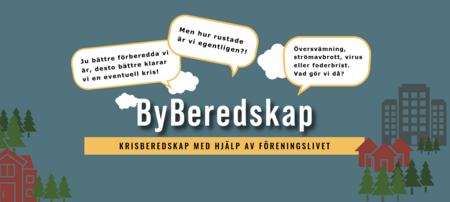 Informationsbild om byberedskap med pratbubblor om krisberedskap, hus, träd och byggnader mot blå bakgrund.