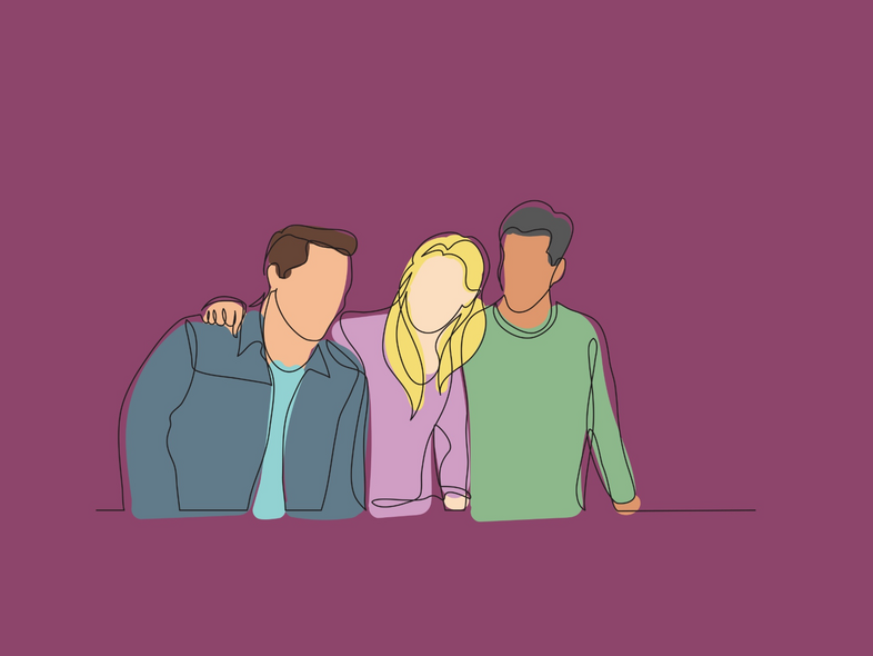 Tre personer utan ansiktsdrag står tillsammans mot en lila bakgrund, armarna om varandra.