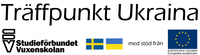 Logotyp för Träffpunkt Ukraina med text, svenska och ukrainska flaggor samt EU-symbol.