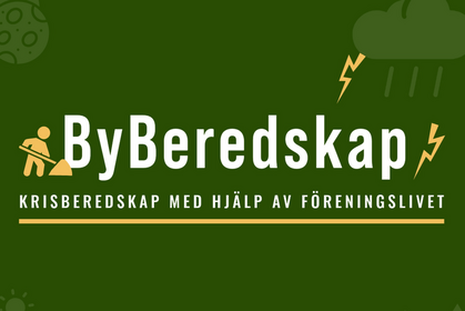 Grön bakgrund med texten 'ByBeredskap' och 'Krisberedskap med hjälp av föreningslivet', samt ikoner för kris och väder.