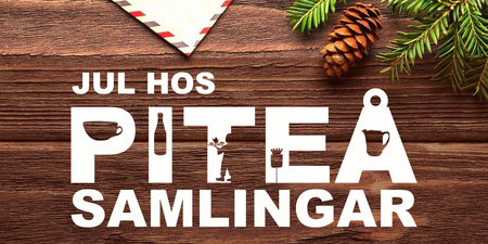 Vit logotyp piteå samlingar mot bakgrund av trä med juldekorationer.