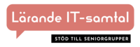 Logotyp med texten 'Lärande IT-samtal' och 'Stöd till seniorgrupper' i pratbubbla och svart ruta.