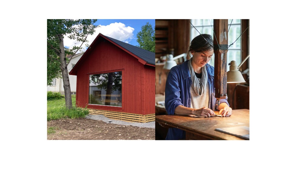 En röd träbyggnad utomhus och en person som arbetar vid ett bord inomhus.