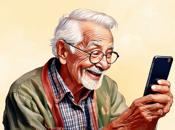 En äldre man med vitt hår håller en smartphone och tittar på skärmen mot en ljus bakgrund.