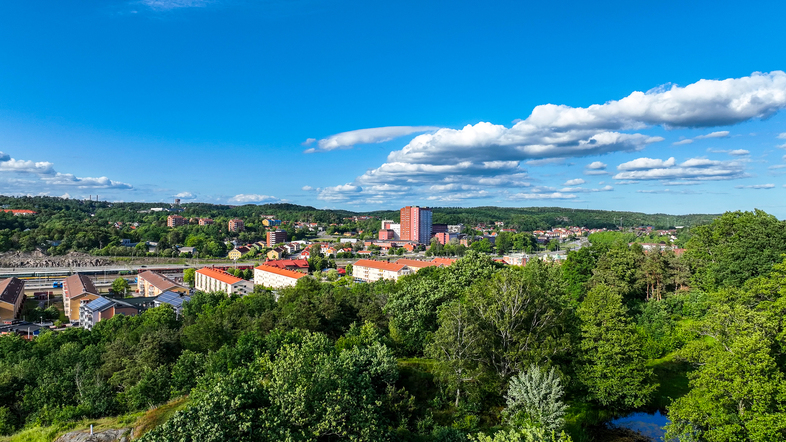 Stadsvy med gröna träd, byggnader och blå himmel med vita moln en solig dag.