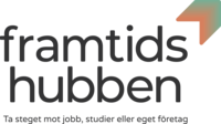 Logotyp för Framtidshubben med texten 'Ta steget mot jobb, studier eller eget företag' och en pil i hörnet.