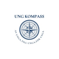 Logotyp med texten 'UNG KOMPASS' och en kompassros, samt texten 'AV UNGA, TILL UNGA, FÖR UNGA' runt kompassen.