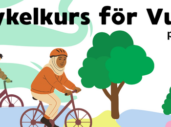 Affisch med texten 'Cykelkurs för vuxna på Bäckby' och illustration av två vuxna som cyklar bland träd.