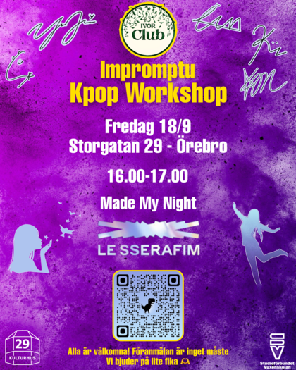 Affisch för en Kpop-workshop i Örebro med lila bakgrund, textinformation och siluetter av dansande personer.