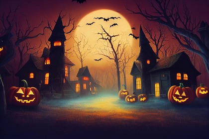 Illustration med mörka silhuetter av hus, träd och fåglar mot en orange himmel med en stor gul måne. Halloweenpumpor med ljus i.