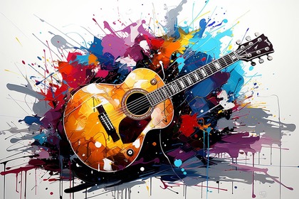 En akustisk gitarr omgiven av färgglada färgstänk på en vit bakgrund.
