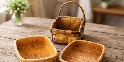 Tre handgjorda korgar av näver står på ett rustikt träbord, med en suddig vas med blommor i bakgrunden.