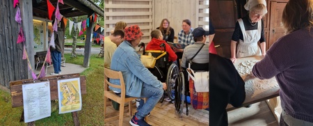 Tre bilder: entré med karta och vimplar, gruppaktivitet inomhus med rullstolar, bakning med kvinna i förkläde.