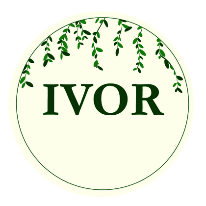 Rund logotyp med texten 'IVOR' och gröna blad som hänger från toppen mot en ljus bakgrund.