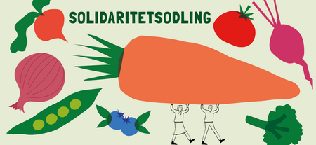 Illustration med stora grönsaker och två personer som bär en jättemorot. Texten 'Solidaritetsodling' syns överst.