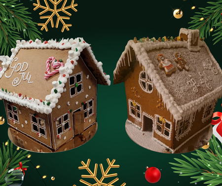 Två dekorerade pepparkakshus med julpynt och granar mot en mörkgrön bakgrund.