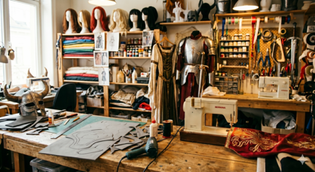 En kreativ syateljé fylld med tyger, verktyg, rustningar, peruker och symaskiner för kostymtillverkning.