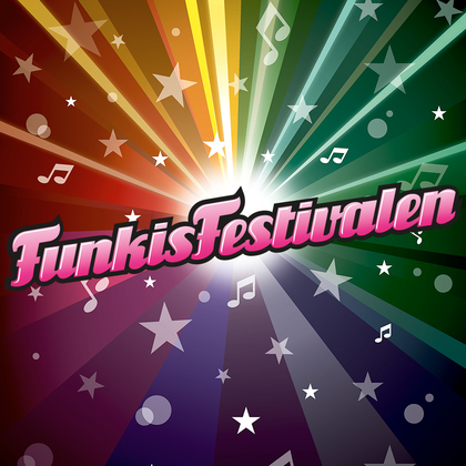 Färgglad grafisk bild med texten 'FunkisFestivalen', stjärnor och musiknoter mot en regnbågsfärgad bakgrund.