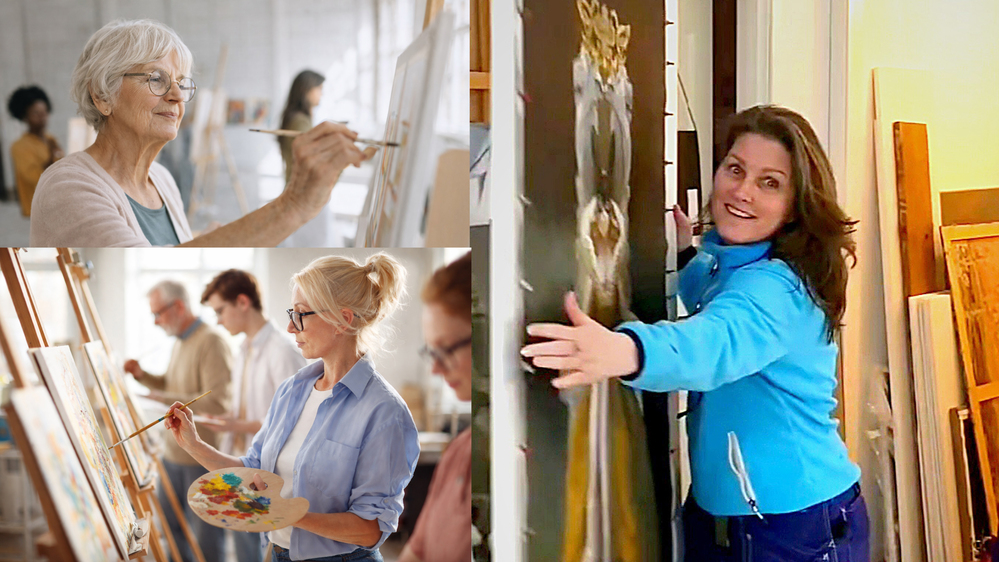 Kollage med personer som målar på staffli i ateljé och en kvinna som hanterar en stor målning.