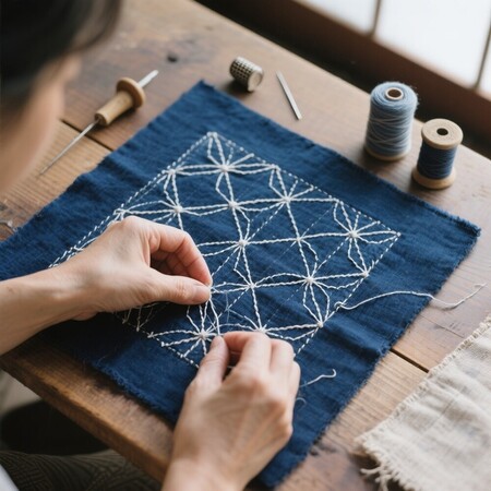 En person broderar ett geometriskt mönster med vitt garn på blått tyg vid ett träbord.