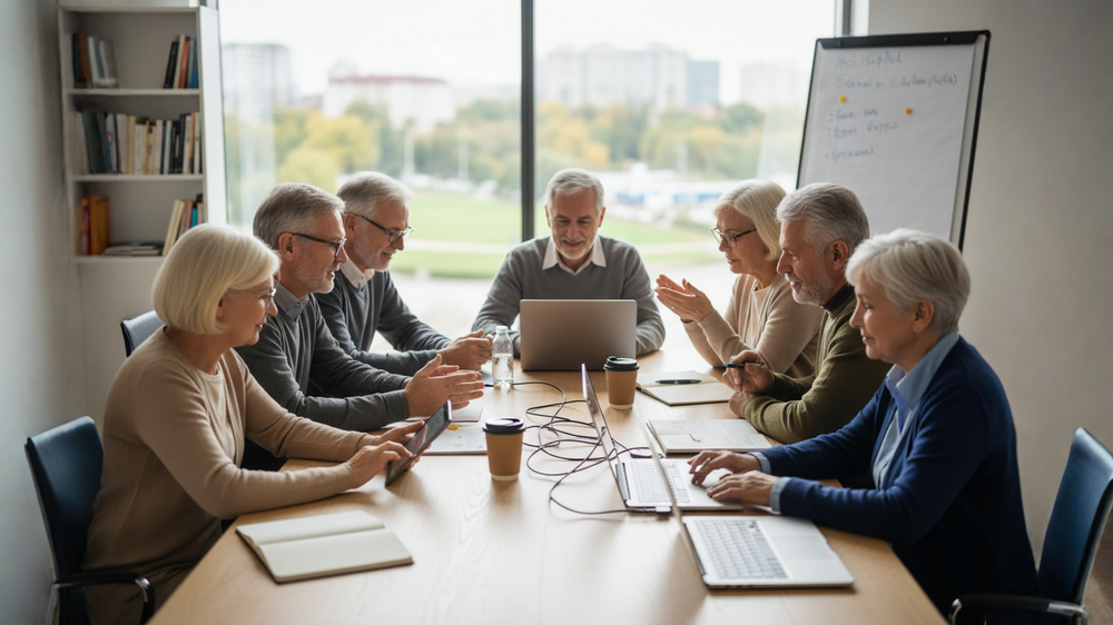 En grupp äldre personer sitter runt ett konferensbord och har ett möte med laptops och anteckningsblock.