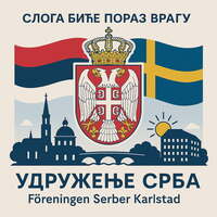 Illustration med serbiska och svenska flaggor, Serbiens statsvapen och text om Serbiska föreningen i Karlstad.
