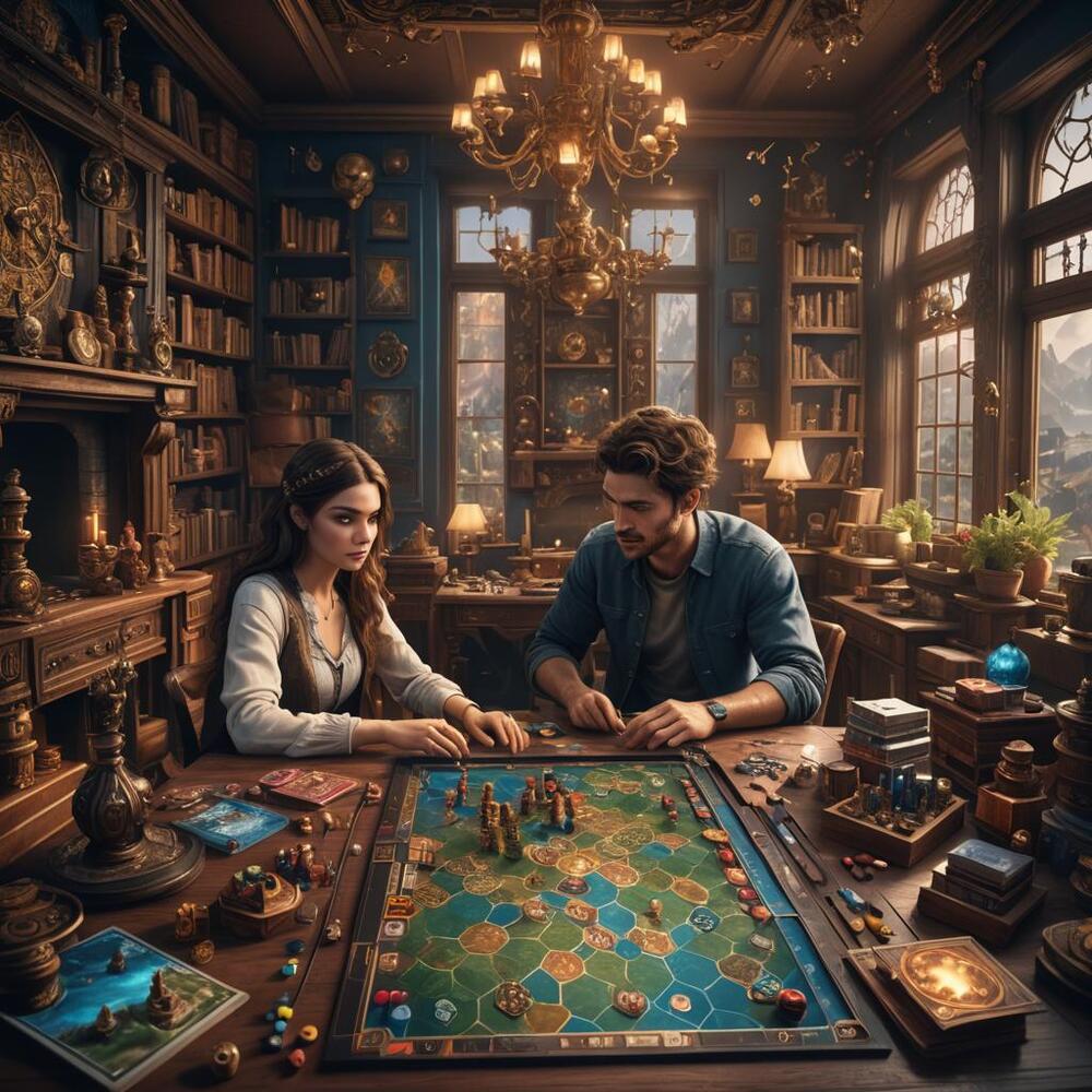 Två personer spelar brädspel i ett mysigt, bokfyllt bibliotek med varm belysning och stora fönster.