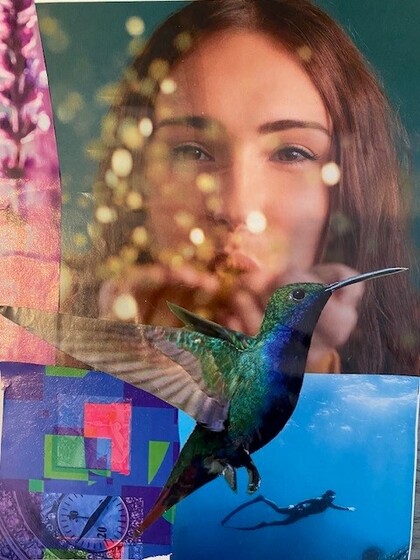 Ett collage med en kvinna som blåser glitter, en kolibri, undervattenssimning och färgglada mönster.