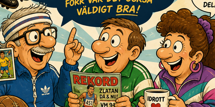 Illustration av tre personer vid ett bord med sportprylar, tidningar och nostalgiska idrottsminnen.