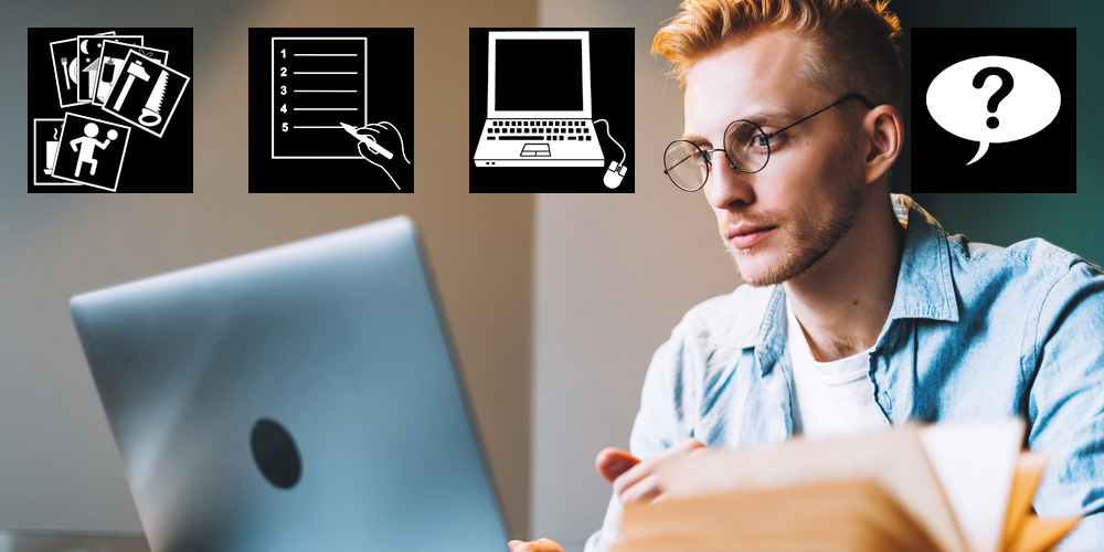 Man med glasögon sitter vid en laptop, ovanför syns fyra ikoner som symboliserar olika arbetsmoment.