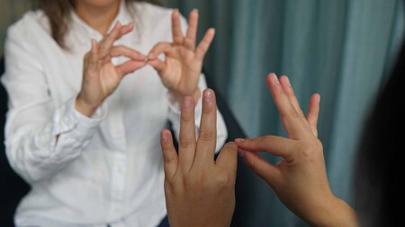 Två personer kommunicerar med teckenspråk, fokus på deras händer mot en suddig bakgrund.