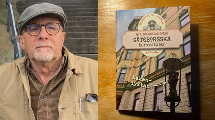 Tvådelad bild: till vänster en äldre man i beige jacka och keps, till höger en bok med titeln 'Göteborgska kuriositeter'.