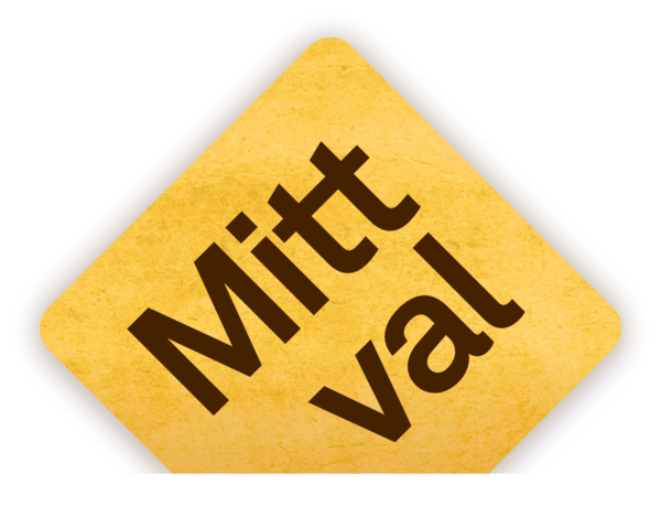 Gul skylt med texten 'Mitt val' i svart, placerad diagonalt mot vit bakgrund.