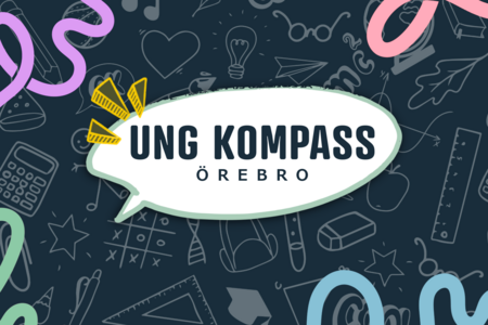Texten 'UNG KOMPASS ÖREBRO' i en pratbubbla med skolrelaterade ikoner i bakgrunden.